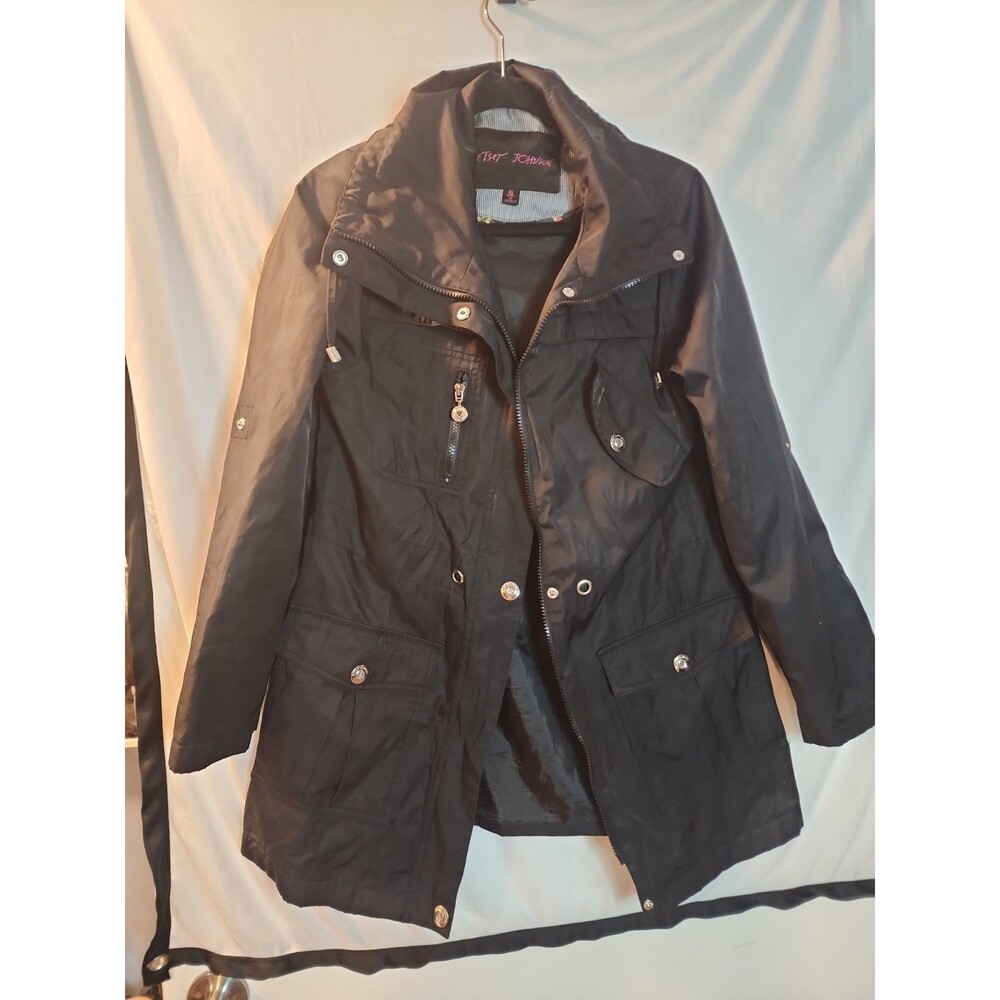 Betsey Johnson Solid Black Trench Jacket Raincoat Snap Zip Women’s Size XS